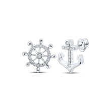 Load image into Gallery viewer, Nautical Dreams: 10kt White Gold Women&#39;s Round Diamond Anchor Wheel Stud Earrings Top view from the 10Kt White Gold Womens Round Diamond Anchor Wheel Stud Earrings 1 10 Cttwpin229577 collection by Splendid Jewellery