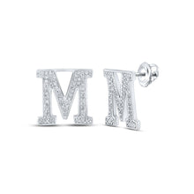 Load image into Gallery viewer, 10kt White Gold Womens Round Diamond M Initial Letter Earrings 1/4 Cttw | Personalized Brilliance Top view from the 10Kt White Gold Womens Round Diamond M Initial Letter Earrings 1 5 Cttwpin215005 collection by Splendid Jewellery