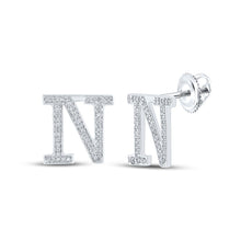 Load image into Gallery viewer, Personalized Brilliance: 10kt White Gold Womens Round Diamond N Initial Letter Earrings 1/5 Cttw Top view from the 10Kt White Gold Womens Round Diamond N Initial Letter Earrings 1 5 Cttwpin215001 collection by Splendid Jewellery