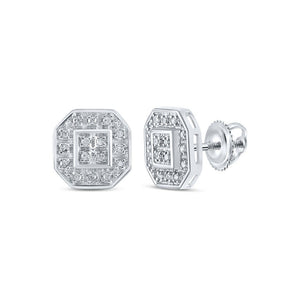 Earrings | 10kt White Gold Womens Round Diamond Octagon Cluster Earrings 1/10 Cttw | Splendid Jewellery GND