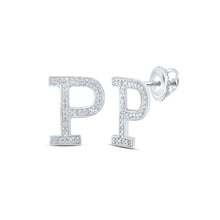 Load image into Gallery viewer, Sparkling White Gold Diamond Initial Earrings Top view from the 10Kt White Gold Womens Round Diamond P Initial Letter Earrings 1 8 Cttwpin215027 collection by Splendid Jewellery