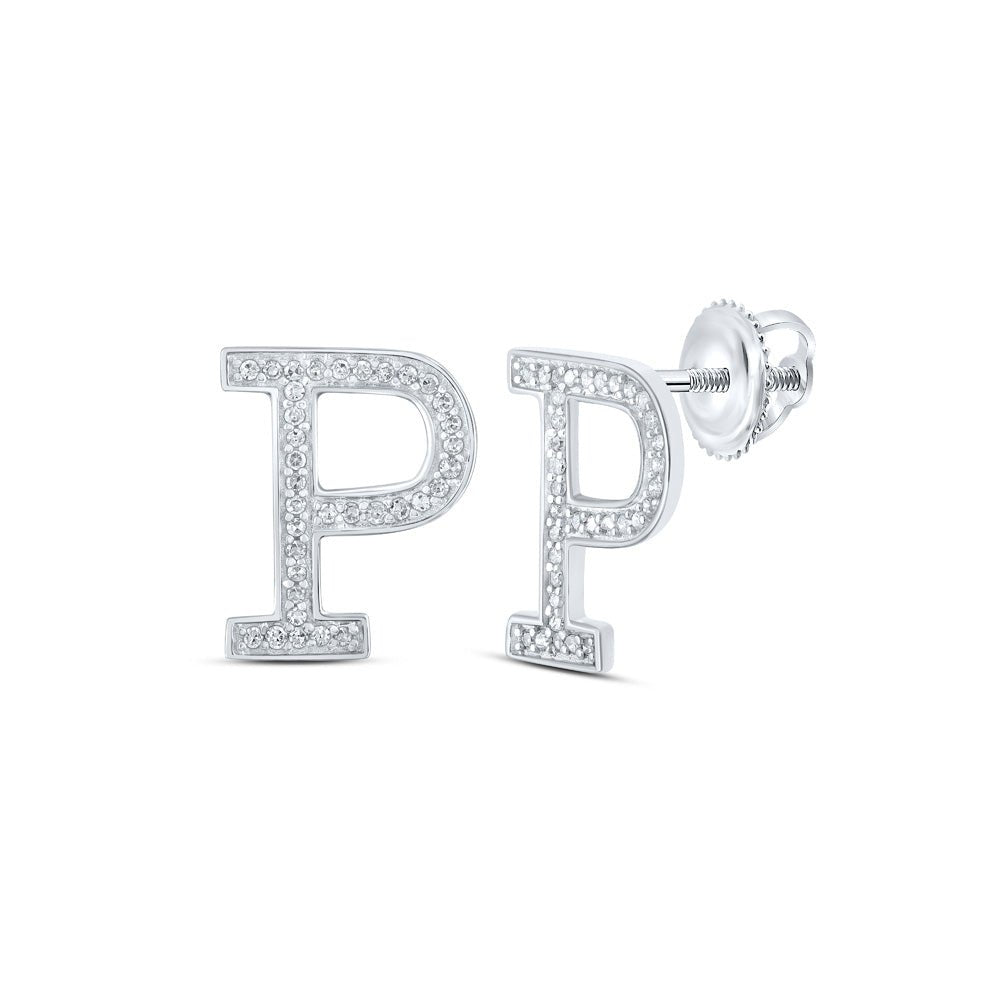 Earrings | 10kt White Gold Womens Round Diamond P Initial Letter Earrings 1/8 Cttw | Splendid Jewellery GND
