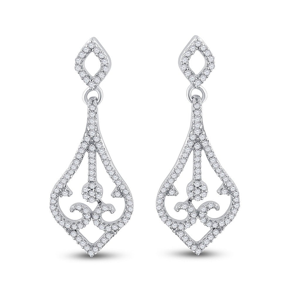 Earrings | 10kt White Gold Womens Round Diamond Scroll Teardrop Dangle Earrings 1/3 Cttw | Splendid Jewellery GND