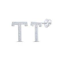 Load image into Gallery viewer, 10kt White Gold Womens Round Diamond T Initial Letter Earrings 1/10 Cttw | Timeless Elegance Collection Top view from the 10Kt White Gold Womens Round Diamond T Initial Letter Earrings 1 12 Cttwpin215074 collection by Splendid Jewellery