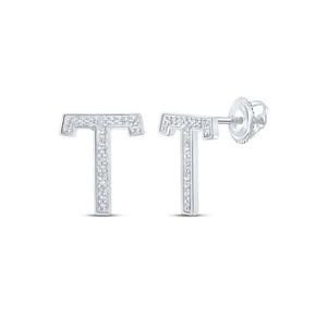 Earrings | 10kt White Gold Womens Round Diamond T Initial Letter Earrings 1/10 Cttw | Splendid Jewellery GND