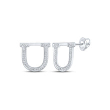 Load image into Gallery viewer, Sparkling Initial Brilliance: 10kt White Gold Womens Round Diamond U Initial Letter Earrings 1/6 Cttw Top view from the 10Kt White Gold Womens Round Diamond U Initial Letter Earrings 1 6 Cttwpin215073 collection by Splendid Jewellery