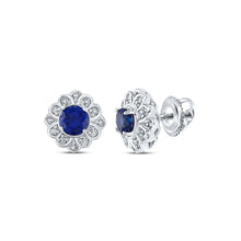 Load image into Gallery viewer, 10kt White Gold Cluster of Lab-Created Blue Sapphire Earrings - A Captivating Display of Elegance Top view from the 10Kt White Gold Womens Round Lab Created Blue Sapphire Cluster Earrings 3 4 Cttwpin210704 collection by Splendid Jewellery