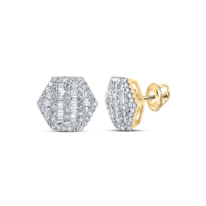 Earrings | 10kt Yellow Gold Womens Baguette Diamond Hexagon Cluster Earrings 5/8 Cttw | Splendid Jewellery GND