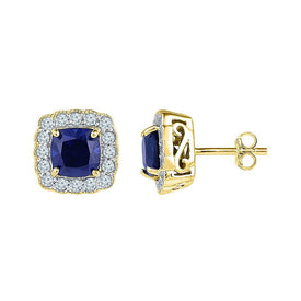 Radiant Blue Sapphire Halo Stud Earrings in 10kt Yellow Gold product  Top View from Splendid Jewellery