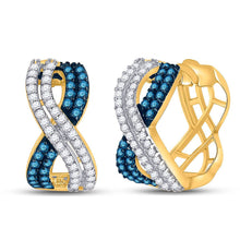 Load image into Gallery viewer, 10kt Yellow Gold Blue Diamond Hoop Earrings - Radiant Azure Brilliance product  Top View from Splendid Jewellery