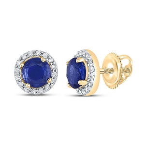 Earrings | 10kt Yellow Gold Womens Round Blue Sapphire Diamond Halo Earrings 1 Cttw | Splendid Jewellery GND