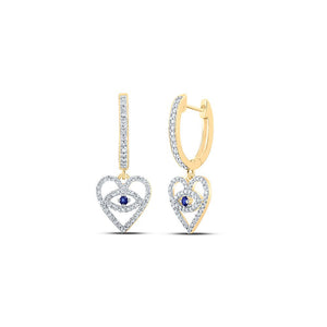 Earrings | 10kt Yellow Gold Womens Round Blue Sapphire Diamond Heart Dangle Earrings 3/8 Cttw | Splendid Jewellery GND