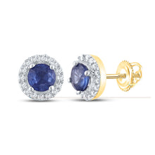 Load image into Gallery viewer, 10kt Yellow Gold Womens Round Blue Sapphire Halo Earrings: Captivating Elegance product  Top View from Splendid Jewellery