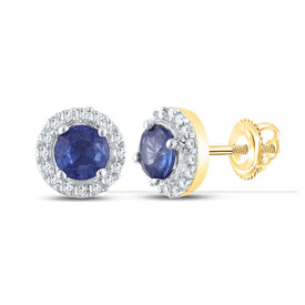 10kt Yellow Gold Womens Round Blue Sapphire Halo Earrings: Captivating Elegance product  Top View from Splendid Jewellery