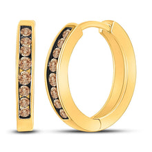 Load image into Gallery viewer, 10kt Golden Elegance: Womens Round Brown Diamond Hoop Earrings 1/4 Cttw product  Top View from Splendid Jewellery