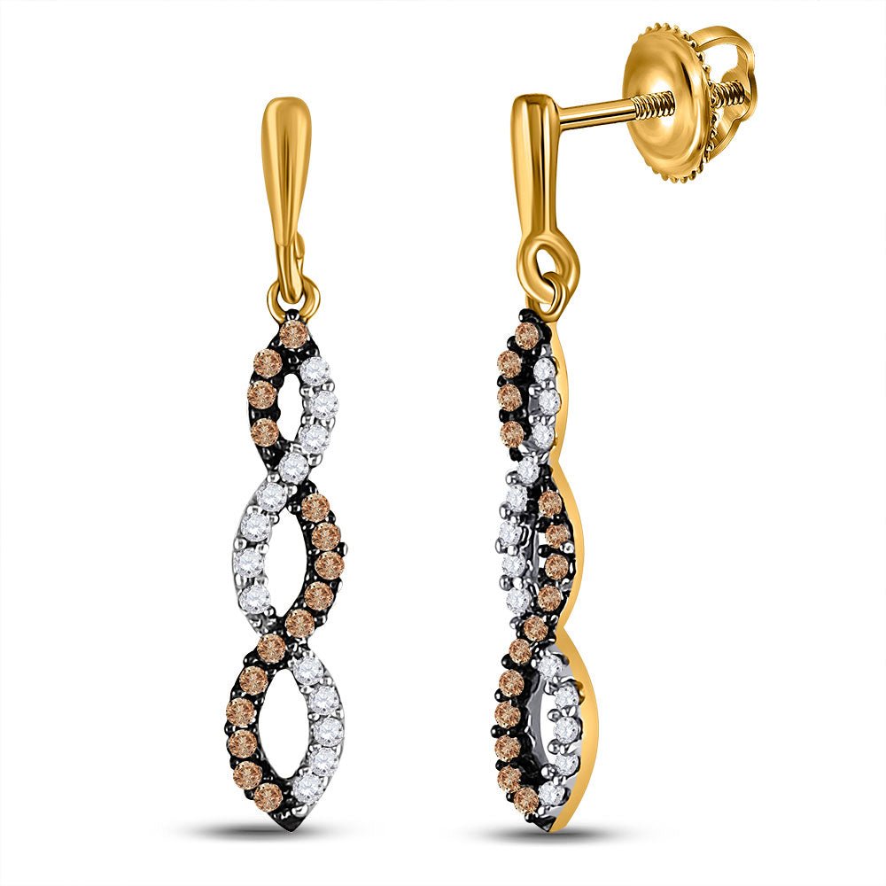 Earrings | 10kt Yellow Gold Womens Round Brown Diamond Twist Dangle Earrings 1/5 Cttw | Splendid Jewellery GND