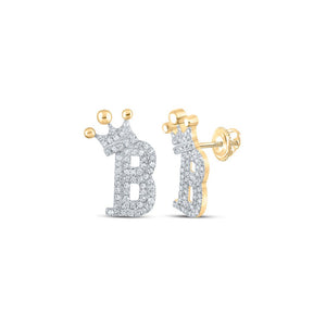 Earrings | 10kt Yellow Gold Womens Round Diamond B Crown Letter Earrings 1/3 Cttw | Splendid Jewellery GND