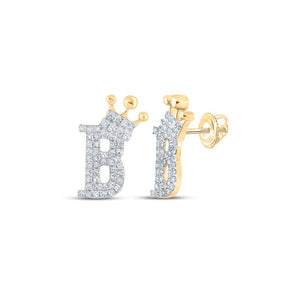 Earrings | 10kt Yellow Gold Womens Round Diamond B Crown Letter Earrings 1/5 Cttw | Splendid Jewellery GND