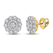 Load image into Gallery viewer, Radiant Brilliance: 10kt Yellow Gold Women&#39;s Round Diamond Cluster Earrings product  Top View from Splendid Jewellery