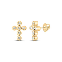 Load image into Gallery viewer, 10kt Yellow Gold Womens Round Diamond Cross Earrings 1/10 Cttw - Divine Sparkle Earrings product  Top View from Splendid Jewellery