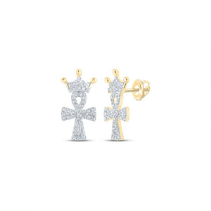 Earrings | 10kt Yellow Gold Womens Round Diamond Crown Ankh Cross Earrings 1/4 Cttw | Splendid Jewellery GND