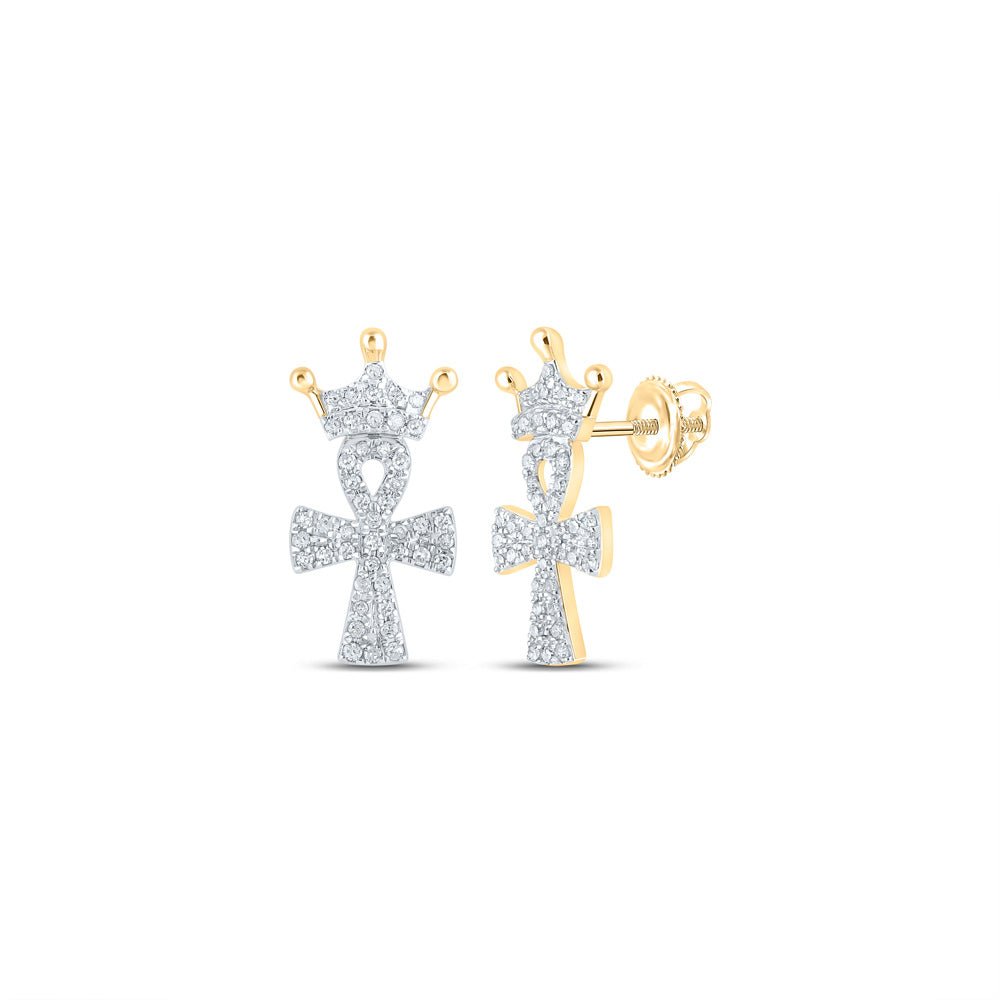 Earrings | 10kt Yellow Gold Womens Round Diamond Crown Ankh Cross Earrings 1/4 Cttw | Splendid Jewellery GND