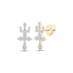 Earrings | 10kt Yellow Gold Womens Round Diamond Crown Cross Earrings 1/6 Cttw | Splendid Jewellery GND