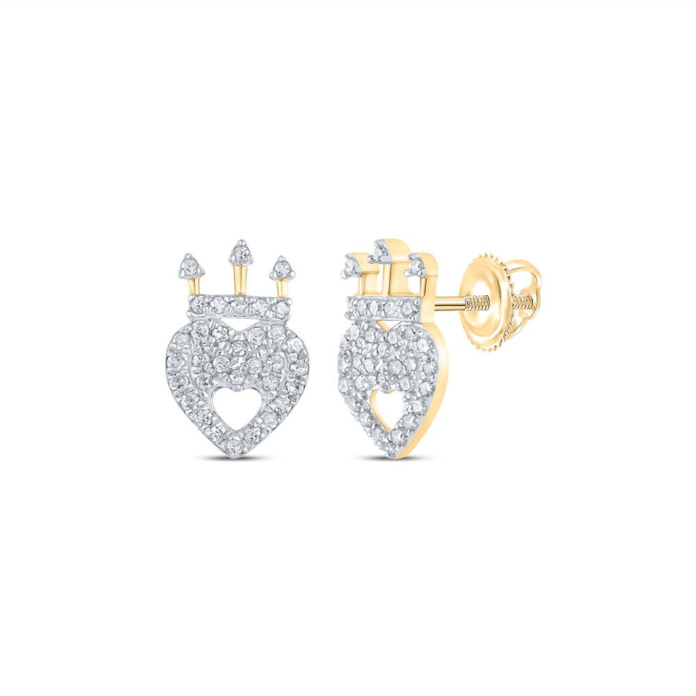 Earrings | 10kt Yellow Gold Womens Round Diamond Crown Heart Earrings 1/6 Cttw | Splendid Jewellery GND