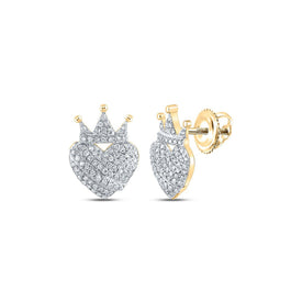 Regal Radiance: 10kt Yellow Gold Womens Round Diamond Crown Heart Earrings 3/8 Cttw product  Top View from Splendid Jewellery