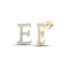 Load image into Gallery viewer, 10kt Yellow Gold Womens Round Diamond E Initial Letter Earrings 1/8 Cttw | Personalized Brilliance Earrings product  Top View from Splendid Jewellery
