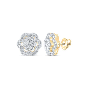 Earrings | 10kt Yellow Gold Womens Round Diamond Flower Cluster Earrings 1 Cttw | Splendid Jewellery GND