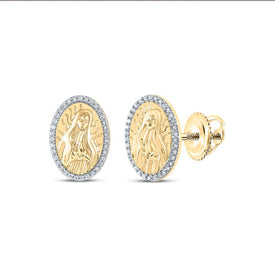Divine Radiance: 10kt Yellow Gold Womens Round Diamond Gudalupe Mary Oval Earrings 1/5 Cttw product  Top View from Splendid Jewellery