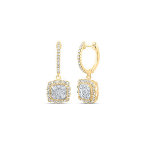 Earrings | 10kt Yellow Gold Womens Round Diamond Hoop Square Dangle Earrings 7/8 Cttw | Splendid Jewellery GND