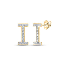 Load image into Gallery viewer, 10kt Yellow Gold Womens Round Diamond I Initial Letter Earrings 1/10 Cttw | Personalized Brilliance product  Top View from Splendid Jewellery