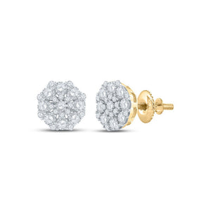 Earrings | 10kt Yellow Gold Womens Round Diamond Octagon Cluster Earrings 7/8 Cttw | Splendid Jewellery GND