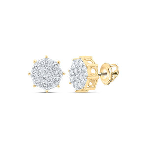 Earrings | 10kt Yellow Gold Womens Round Diamond Octagon Cluster Earrings 7/8 Cttw | Splendid Jewellery GND