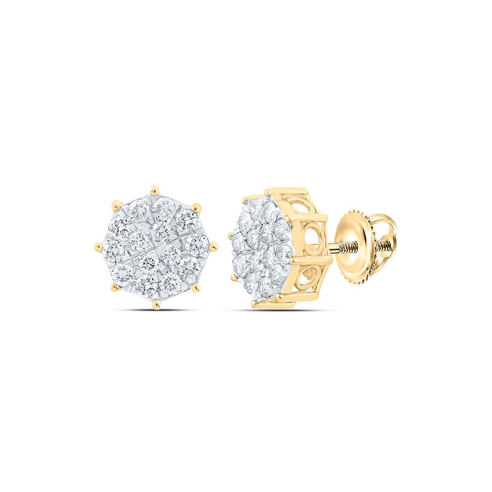 Earrings | 10kt Yellow Gold Womens Round Diamond Octagon Cluster Earrings 7/8 Cttw | Splendid Jewellery GND