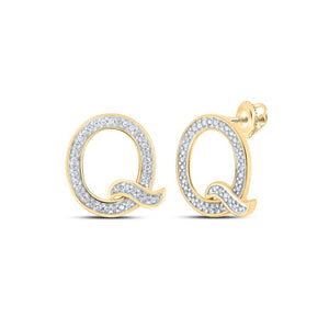 Earrings | 10kt Yellow Gold Womens Round Diamond Q Initial Letter Earrings 1/6 Cttw | Splendid Jewellery GND