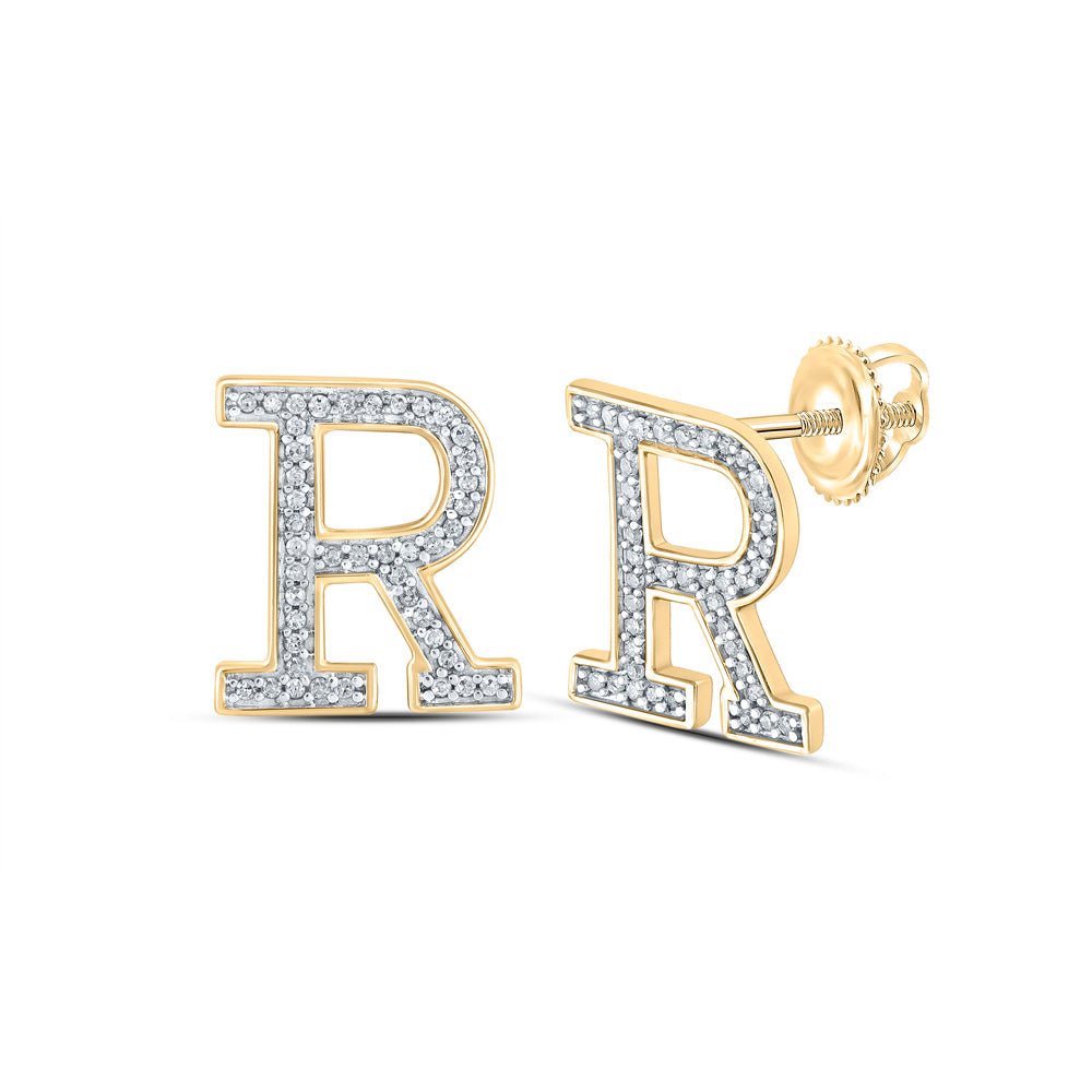 Earrings | 10kt Yellow Gold Womens Round Diamond R Initial Letter Earrings 1/6 Cttw | Splendid Jewellery GND