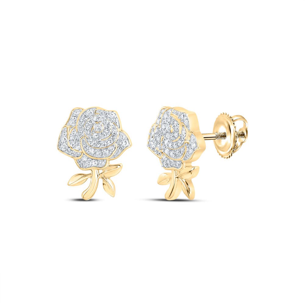 Earrings | 10kt Yellow Gold Womens Round Diamond Rose Flower Earrings 1/3 Cttw | Splendid Jewellery GND