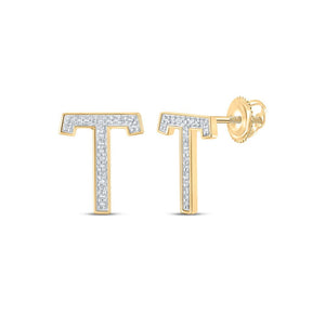 Earrings | 10kt Yellow Gold Womens Round Diamond T Initial Letter Earrings 1/10 Cttw | Splendid Jewellery GND