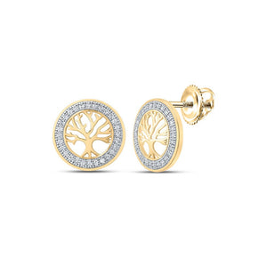 Earrings | 10kt Yellow Gold Womens Round Diamond Tree of Life Circle Earrings 1/8 Cttw | Splendid Jewellery GND