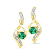Load image into Gallery viewer, Captivating 10kt Yellow Gold Lab-Created Emerald Diamond Earrings - Top View
