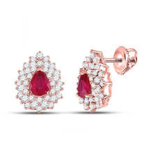 Load image into Gallery viewer, 14kt Rose Gold Pear Ruby Diamond Elegance Earrings - Top View