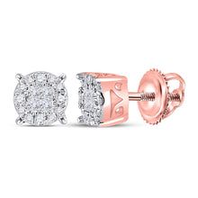 Load image into Gallery viewer, 14kt Rose Gold Princess Diamond Round Cluster Earrings: A Dazzling Fusion of Elegance and Glamour - Top View