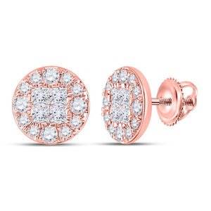Earrings | 14kt Rose Gold Womens Princess Round Diamond Cluster Earrings 1 Cttw | Splendid Jewellery GND