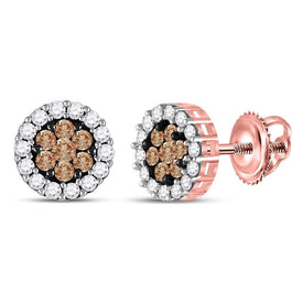 14kt Rose Gold Brown and White Diamond Floral Cluster Earrings - Top View