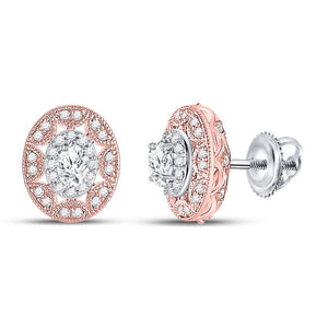 Earrings | 14kt Two-tone Gold Womens Oval Diamond Halo Earrings 1/2 Cttw | Splendid Jewellery GND