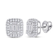 Load image into Gallery viewer, Captivating Brilliance: 14kt White Gold Baguette Diamond Cluster Earrings 1 Cttw - Top View
