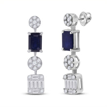 Load image into Gallery viewer, Exquisite Majesty: 14kt White Gold Womens Emerald Blue Sapphire Diamond Dangle Earrings - Top View